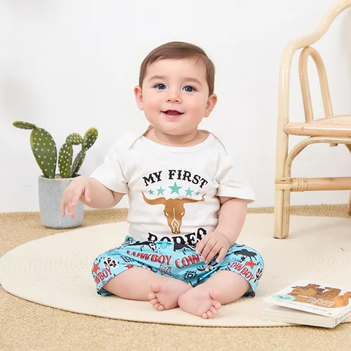 Vista 2 de My First Rodeo Outfit Western Baby Boy - Conjunto de camiseta de manga corta y pantalones cortos, conjunto de vaquero para niño