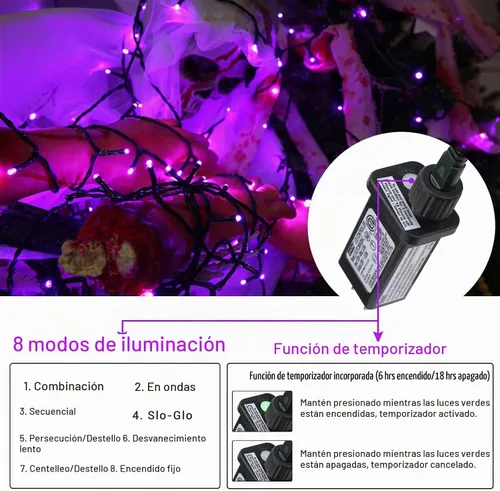 Vista 2 de Luces moradas de Halloween, 82 pies, 200 luces LED de Halloween con 8 modos