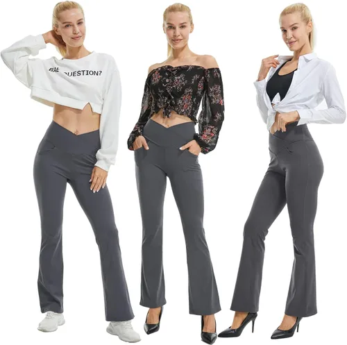 Vista 4 de FireSwan Leggings acampanados cruzados para mujer con bolsillos, corte de bota, cintura alta, pantalones de yoga con control de abdomen, pantalones