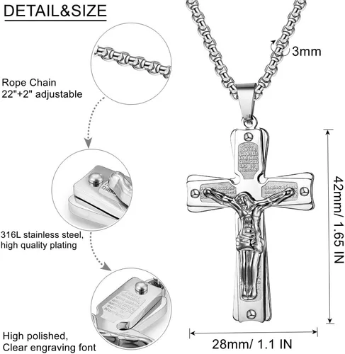 Vista 2 de Collar con colgante de cruz de oración del Señor de acero inoxidable con crucifijo de Jesucristo y versículo bíblico para hombresniñosmujeres