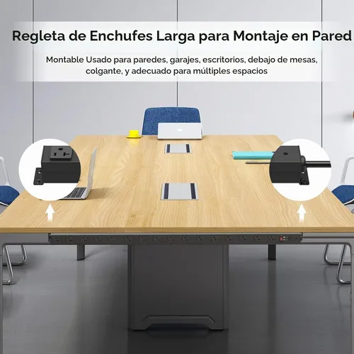 Vista 7 de JUNNUJ Regleta de Corriente Metálica Larga de 16 Tomas, Regletas de Corriente de Servicio Pesado Protección contra Sobretensiones 4800J con Negro
