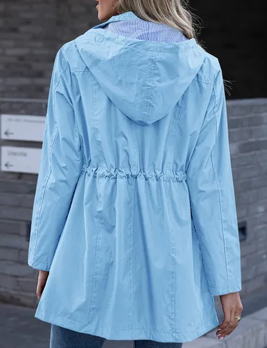 Vista 4 de Kikibell - Chaqueta impermeable para mujer con capucha ligera forro a rayas resistente al agua y cortaviento
