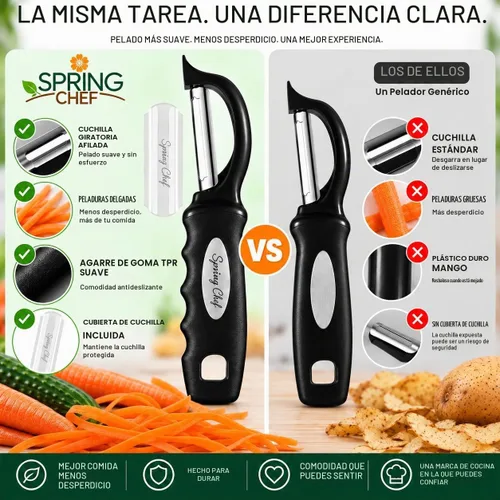 Vista 2 de Spring Chef Original - Pelador giratorio de verduras con mango de agarre suave, color negro