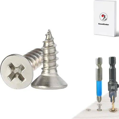 Vista 24 de Tornillos para madera, 120 tornillos Phillips de cabeza plana, tornillo de acero inoxidable 304 con kit de avellanado de madera ajustable (#4 x 1)