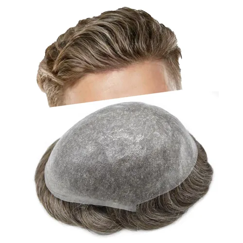 Vista 19 de Tupé de piel ultra fina para hombres pieza de cabello humano real sistema de reemplazo 0.002 in Mens Toupee Hairpiece para hombres V-Loop 8x10 80%
