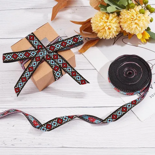 Vista 4 de GORGECRAFT Cinta de jacquard étnico de 10.94 yardas, cinta bordada de 3/4 pulgadas de ancho rojo azul geométrico rombo tejido flecos o bricolaje
