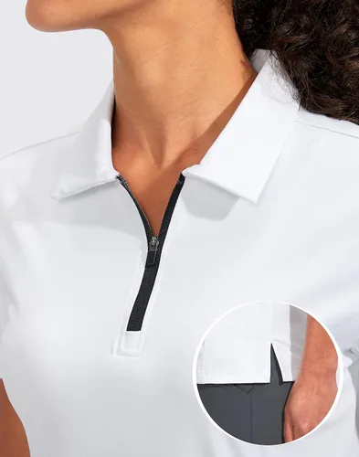 Vista 4 de Viodia Camisa de golf para mujer, manga corta, con cremallera, de secado rápido, elástica, con cuello de tenis, ropa de golf