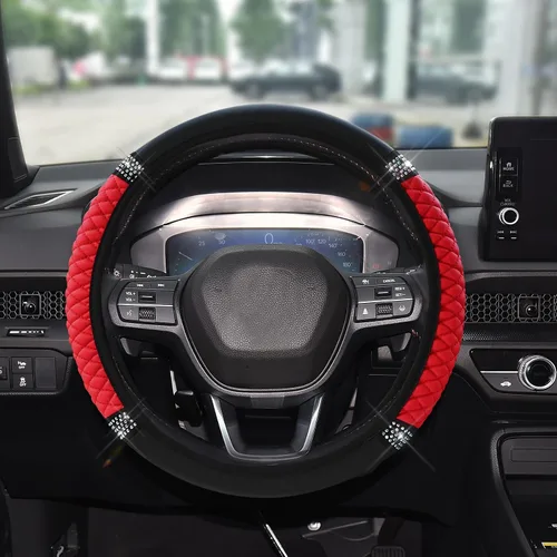 Vista 11 de Funda de Volante de Cuero Suave con Brillos, 15 Pulgadas, con Diamantes de Imitación Coloridos, Protector de Volante Elástico Automático