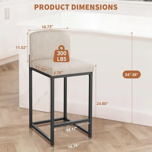 Vista 2 de GarveeHome Juego de 2 taburetes de bar, modernos taburetes de bar de altura de mostrador con respaldo y reposapiés, taburetes de bar tapizados