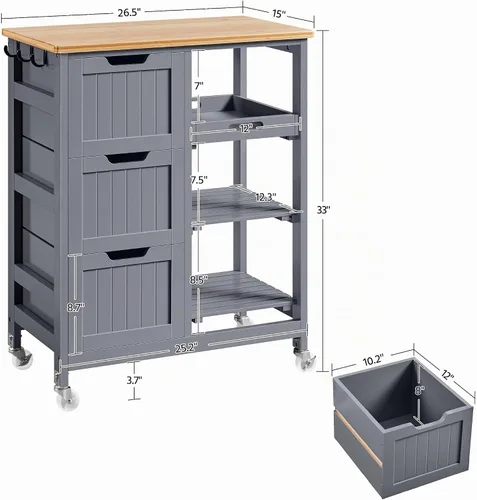 Vista 2 de Yaheetech Carrito de Isla de Cocina con Ruedas, Carrito de Almacenamiento Rodante con Encimera de Bambú, 3 Cajones, 3 Estantes Extraíbles y Ruedas