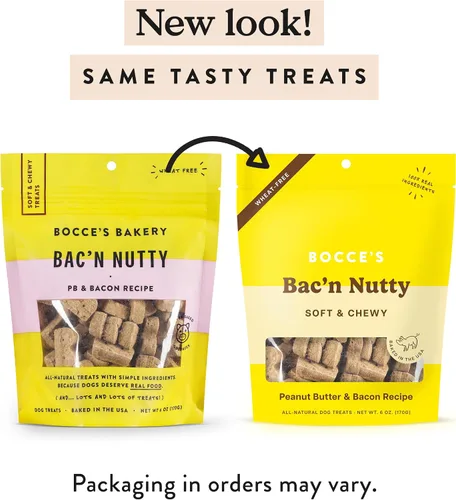 Vista 2 de Bocce's Bakery Bac'n Nutty - Golosinas suaves y masticables para perros, sin trigo con sabor a mantequilla de maní y tocino, galletas naturales