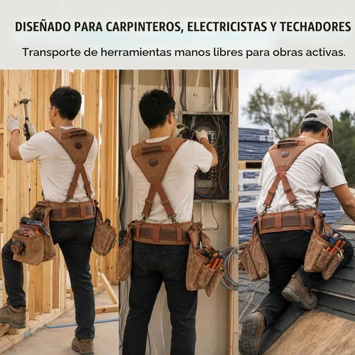 Vista 8 de Tourbon Cinturón de herramientas para carpintería resistente con tirantes desmontables de lona acolchada para enmarcadores de construcción