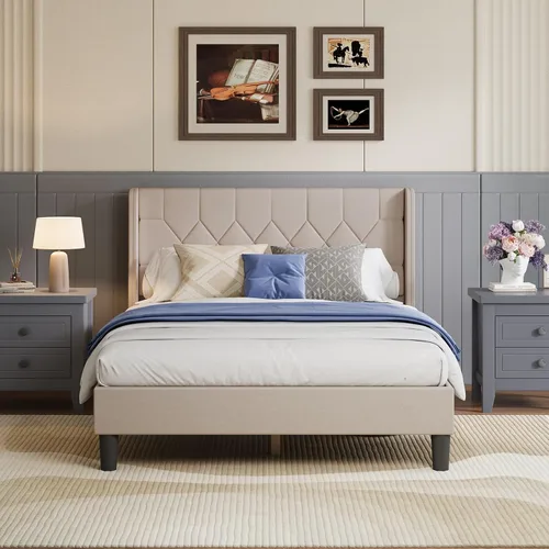 Vista 3 de Avenco Base de cama de tamaño matrimonial, cama tapizada con cabecero alado, fácil montaje sin herramientas y almacenamiento debajo de la cama