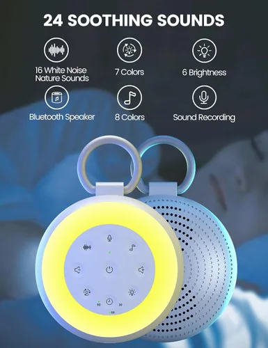 Vista 2 de Vaydeer SA18 - Máquina de ruido blanco con grabación, máquina de sonido portátil y altavoz Bluetooth para bebés adultos, 24 sonidos relajantes, luz