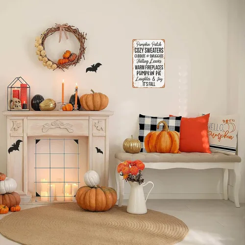 Vista 3 de Ylens Letrero de metal con aspecto vintage, 8 x 12 pulgadas, diseño de calabaza, suéteres acogedores con hojas que caen
