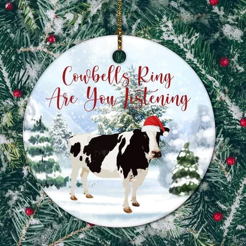 Vista 4 de Adorno redondo de cerámica de 3 pulgadas con diseño de campanillas de recuerdo de animales y vacas, colgante de árbol de nieve para adornos de árbol