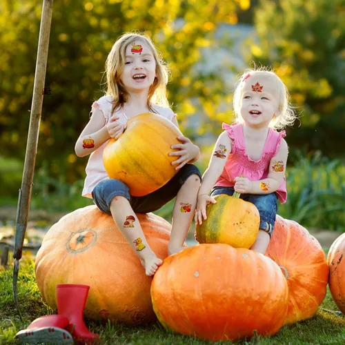 Vista 5 de HOWAF 96 tatuajes temporales de otoño para niños, tatuajes faciales de cosecha de otoño para bienvenida, otoño, hola, suministros de decoración