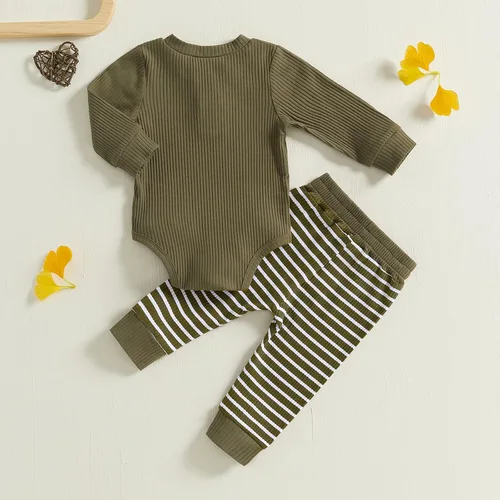 Vista 3 de Ropa para Bebé Recién Nacido Niño Niña Mameluco de Punto Acanalado Manga Larga Pantalones Algodón Sólido Conjuntos de Otoño Invierno para Bebés 2