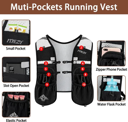 Vista 2 de Running Hydration Vest for Women Men - Waterproof Running Water Backpack Hydration Pack with 12 Pockets, Lightweight Water Vest for Hiking Trail