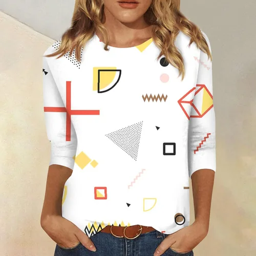 Vista 4 de Camisetas de gran tamaño para mujer, camisas de mujer, camisas de moda casual de siete puntos de manga estampada cuello redondo