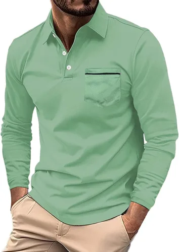 Vista 9 de Polo de manga larga para hombre, diseño casual de algodón con bolsillo, cuello clásico con botón para golf