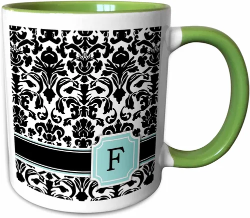 Vista 11 de 3dRose Letter F personal monogrammed mint blue black and white damask pattern - classy personalized initial 11oz Two-Tone Blue Mug