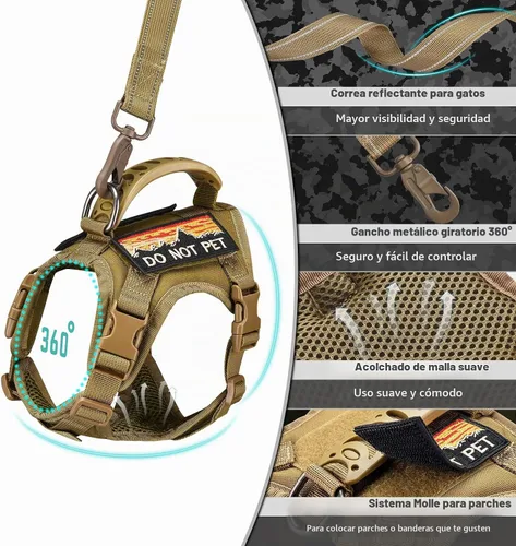 Vista 6 de Arnés táctico para gato y correa para caminar a prueba de esacpe, chaleco grande de malla suave ajustable para gatos con mango de goma fácil