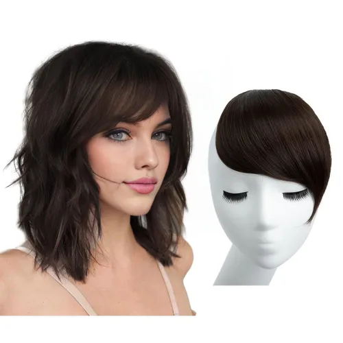 Vista 12 de SARLA Flequillo lateral negro marrón con clip en piezas de cabello sintético, extensión de flequillo recto para mujeres