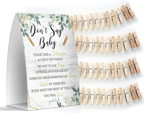 Vista 10 de Juego de texto en inglés "Don't Say Baby", un letrero de 5 x 7 pulgadas y 50 mini pinzas para la ropa, juegos de baby shower, decoración de baby