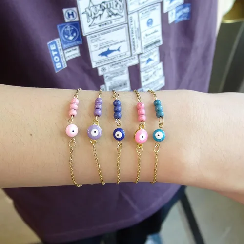 Vista 6 de HFYIREN Pulseras contra el mal de ojo para mujer, acero inoxidable de oro de 14 quilates, pulsera de cuentas de turquesa, pulsera de cadena