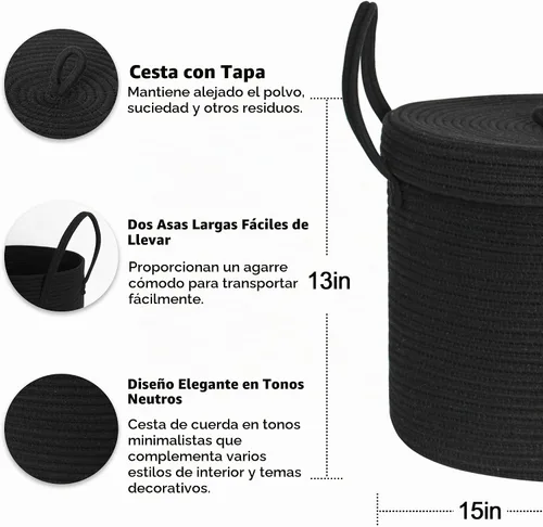 Vista 2 de Cesta grande de 15 x 13 pulgadas con tapa, cesta de almacenamiento de cuerda de algodón para manta, juguete, almohada, toalla, lavandería, sala