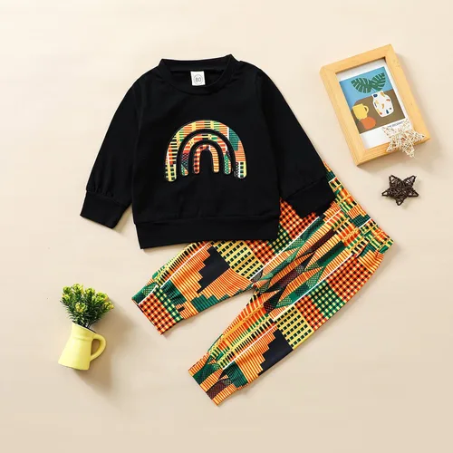 Vista 2 de Mubineo Conjunto de 2 piezas con estampado africano de Kente Dashiki para bebés, niñas y niños pequeños