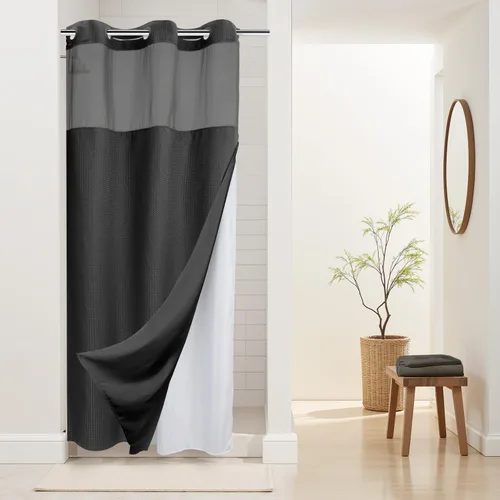 Vista 15 de Cortina de baño River Dream de gran peso sin ganchos necesarios con diseño de gofre punteado y forro a presión - 36W x 74H, de calidad hotelera
