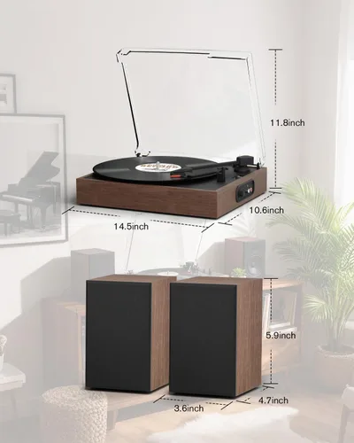 Vista 8 de Retrolife® - Tocadiscos con 2 altavoces externos, tocadiscos de vinilo, nogal 2-Speed Belt-Drive Turntable for 33/45/78 RPM Vinyl, Bluetooth