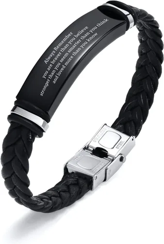Vista 17 de Pulsera de cuero para hombre, regalo de sobriedad para hombre: cita inspiradora/versículo bíblico grabado, pulsera trenzada negra para hombre