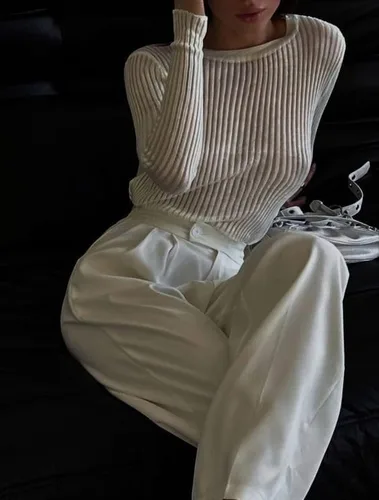 Vista 6 de Suéter de punto para mujer, con cuello redondo, malla transparente, sólido, básico, manga larga, ajuste holgado, suéter de punto