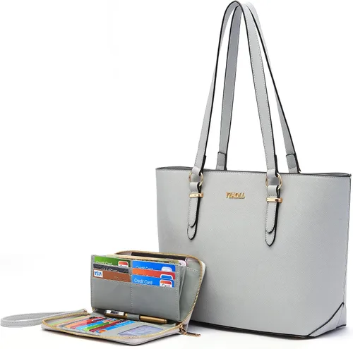 Vista 11 de YZAOLL Bolsos para mujer de cuero sintético, medianos y grandes, bolso de hombro, cartera, juego de bolso de mano y billetera