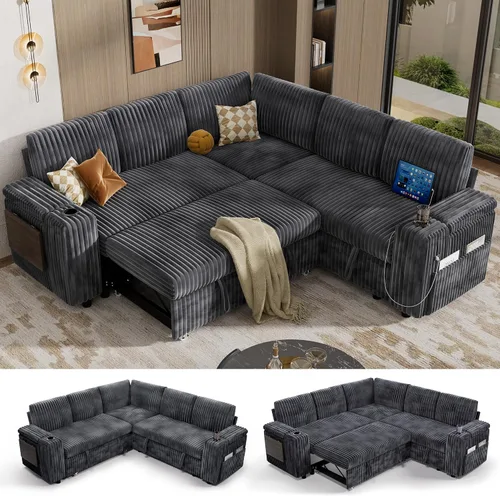 Vista 19 de Vipbear Sofá cama modular de 86 pulgadas con cama extraíble, sofá en forma de L de pana de felpa de 3 asientos con diván de almacenamiento, puertos