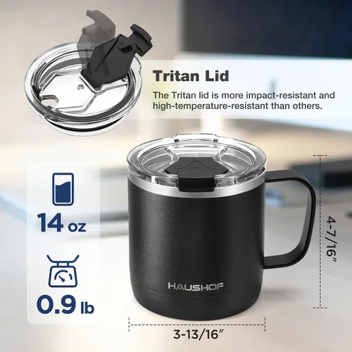 Vista 2 de HAUSHOF Taza de café de 14 onzas, taza de café aislada con asa, taza de viaje para camping, taza de café portátil de acero inoxidable, tazas de café