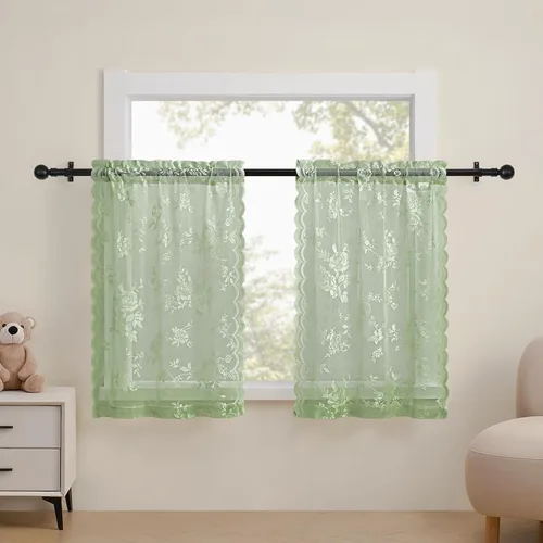 Vista 32 de Cortinas de encaje beige, juego de 2 paneles de cortinas traslúcidas con bolsillo para cortinero, decoración de ventana pequeña, baño, sótano