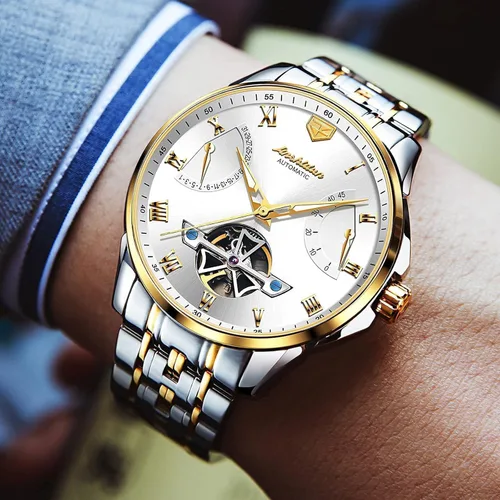 Vista 2 de OLEVS Relojes de pulsera Pro Diver para hombre correa de acero inoxidable de dos tonos impermeables relojes mecánicos automáticos para hombre lujo