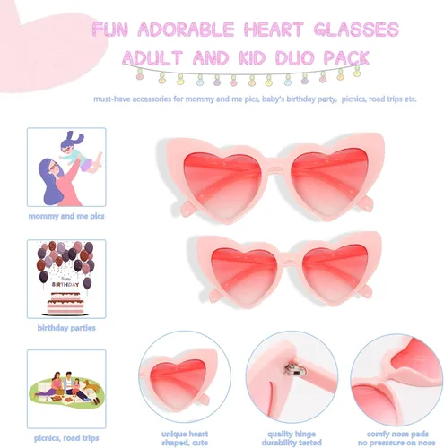 Vista 9 de Lentes de sol de moda con forma de corazón rosa para hombres y mujeres, paquete dúo de lentes retro para mamá y yo