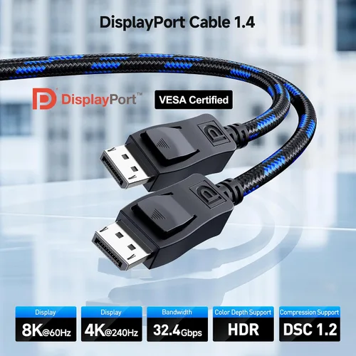 Vista 2 de Cable Matters [Certificado VESA] Cable trenzado DP 1.4 de 32.4 Gbps, 9.8 pies 8K @60Hz / 4K @240Hz, cable DisplayPort 1.4, FreeSync, G-SYNC, HDR