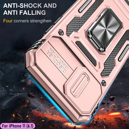 Vista 7 de Funda resistente para Apple iPhone 11, protección híbrida de goma de doble capa de grado militar con protector de cámara deslizante, soporte Oro Rosa