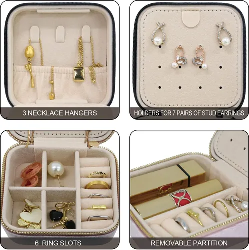 Vista 6 de DAIJAVU Organizador de joyas de viaje pequeño y ligero multifuncional ganchos para collares soportes para aretes anillos gemelos ranuras