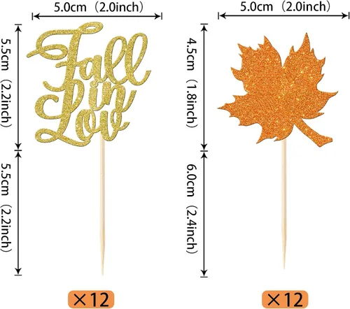 Vista 2 de Rsstarxi Paquete de 24 adornos para cupcakes con purpurina de otoño de hojas de arce de otoño, palillos para cupcakes, decoración de pasteles