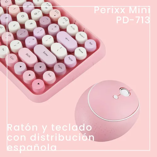 Vista 2 de Perixx PERIDUO-713 ES Conjunto de ratón y Mini Teclado inalámbrico 2.4 GHz - Teclas Retro Redondas - Rosado Pastel - QWERTY