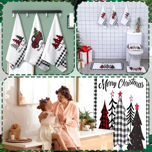 Vista 5 de Newwiee Juego de 7 Piezas para Baño de Navidad Decoración de Cortina de Ducha Xmas Cortina de Ducha Alfombras Antideslizantes y Toallas de Cocina 3