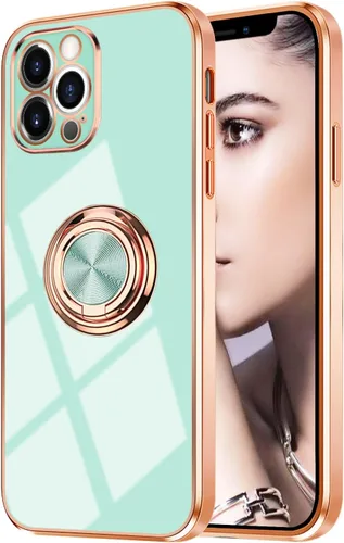 Vista 23 de Compatible con iPhone 11 Kickstand, anillo de rotación de 360 grados integrado con borde de oro rosa brillante que funciona con soporte magnético