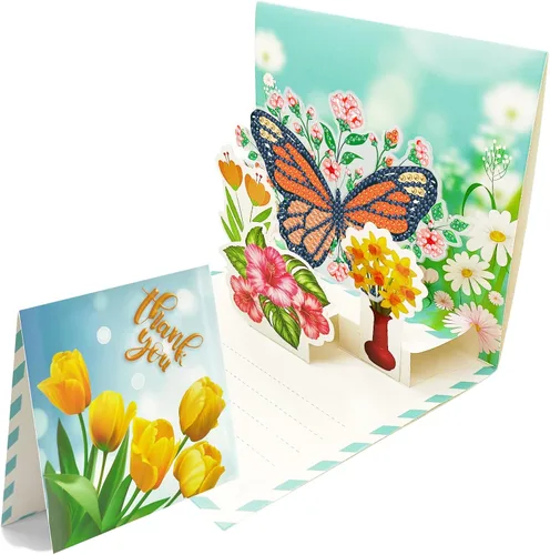Vista 8 de LUSandy 8 paquetes de tarjetas de flores con pintura de diamantes 5D para adultos, tarjetas de felicitación 3D emergentes con tulipán, rosa
